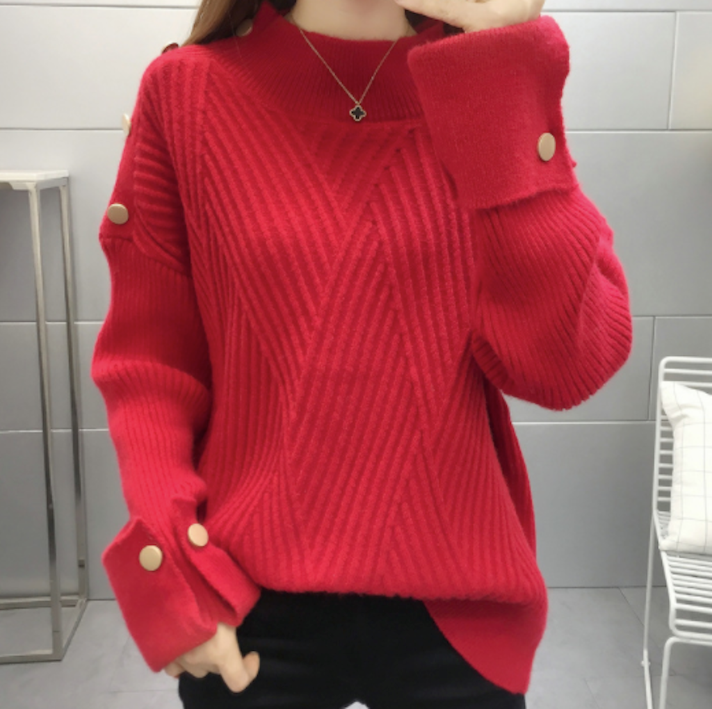Button-Detailed Women's Sweater with a High Neckline