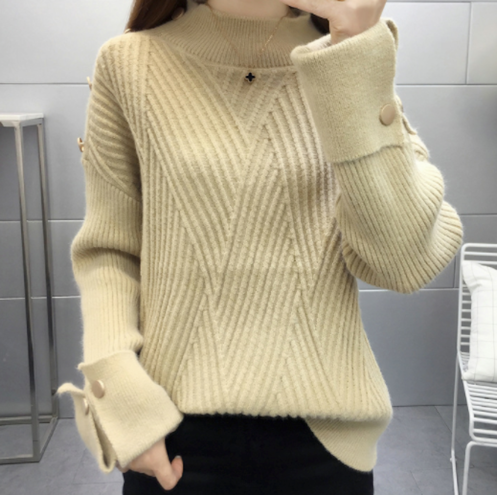 Button-Detailed Women's Sweater with a High Neckline