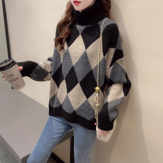 Turtleneck Sweater for Women with Argyle Design