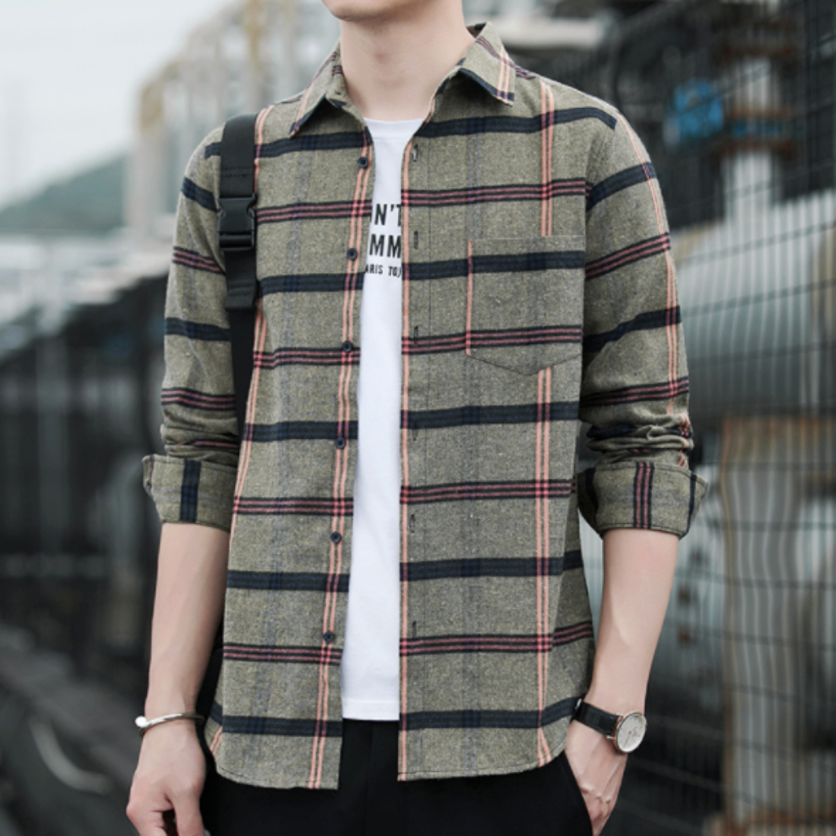 Casual Plaid Shirt with Long Sleeves for Men