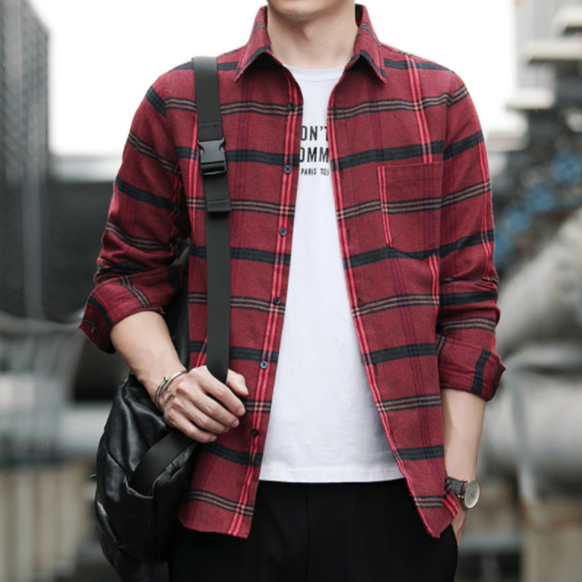 Casual Plaid Shirt with Long Sleeves for Men