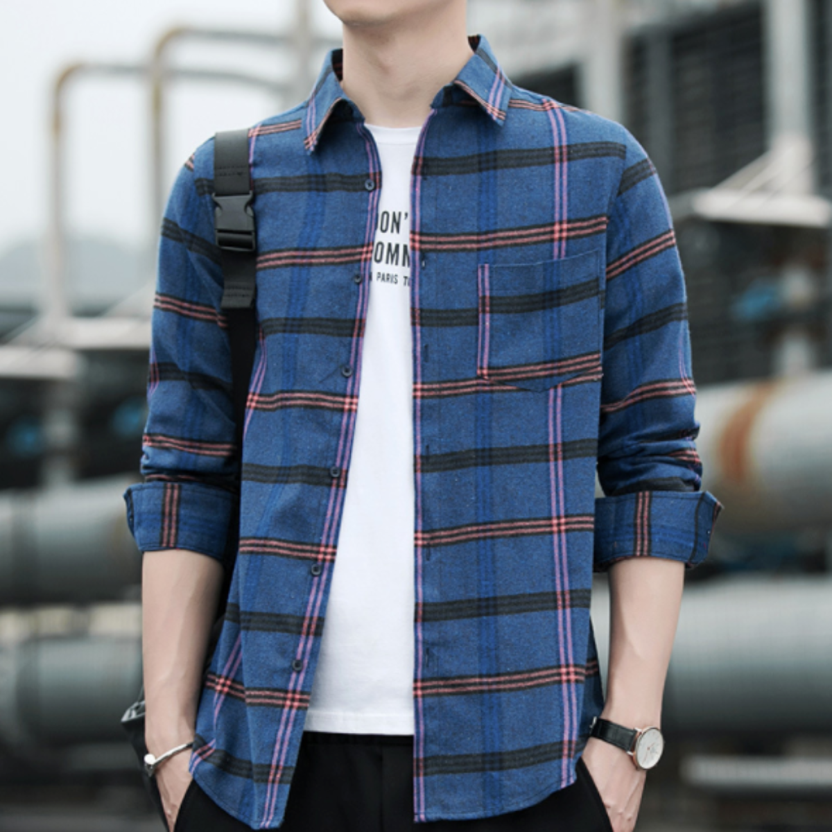 Casual Plaid Shirt with Long Sleeves for Men