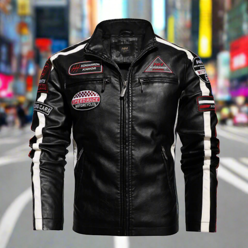 Vegan Leather Motorcycle Jacket with Embellishments for Men