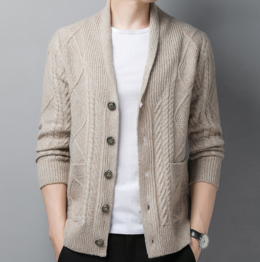Shawl Collar Men's Cable Knit Cardigan