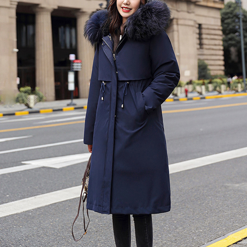 Detachable Faux Fur Lined Women's Long Coat with Hood