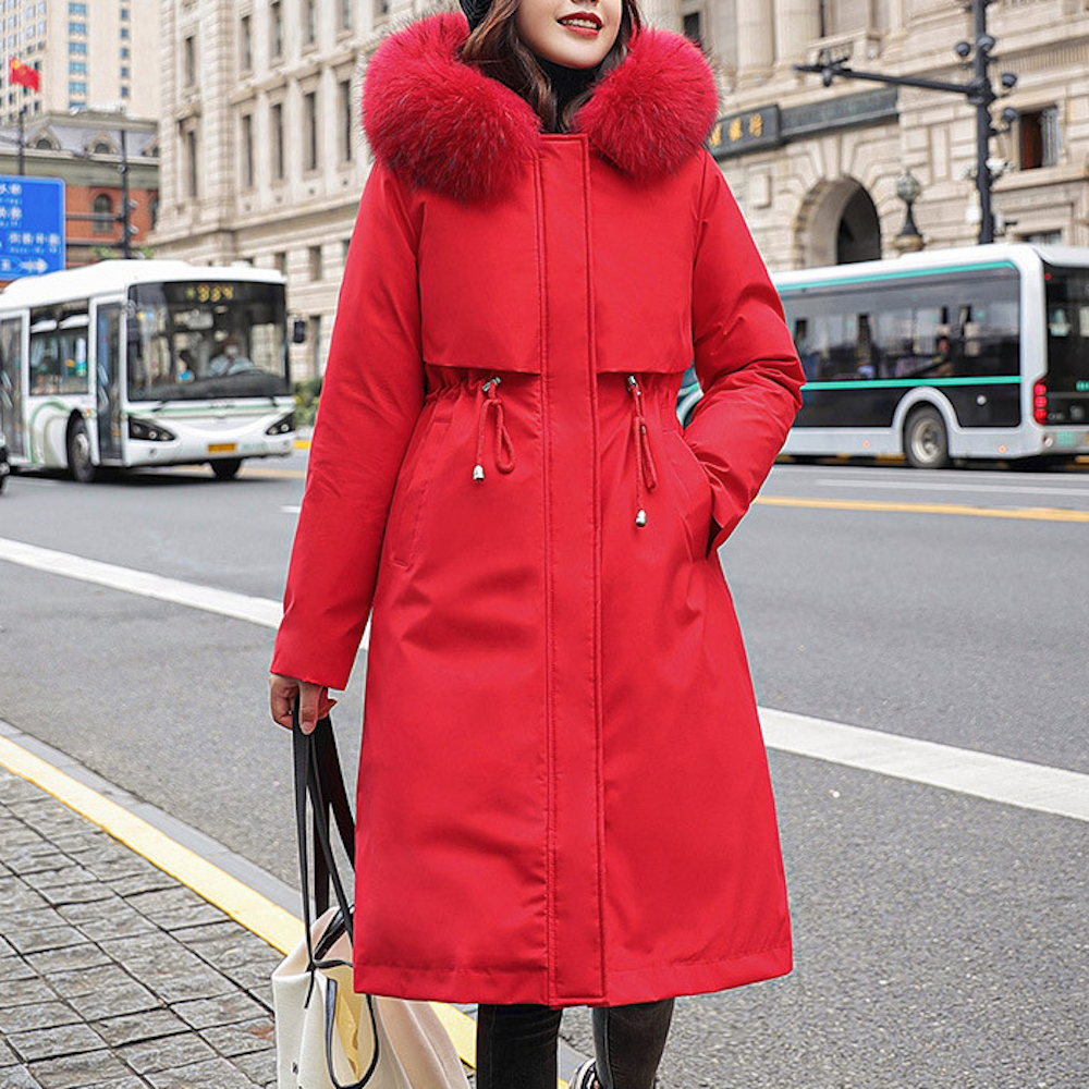 Detachable Faux Fur Lined Women's Long Coat with Hood
