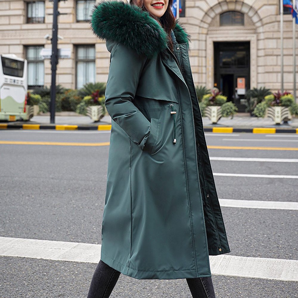 Detachable Faux Fur Lined Women's Long Coat with Hood
