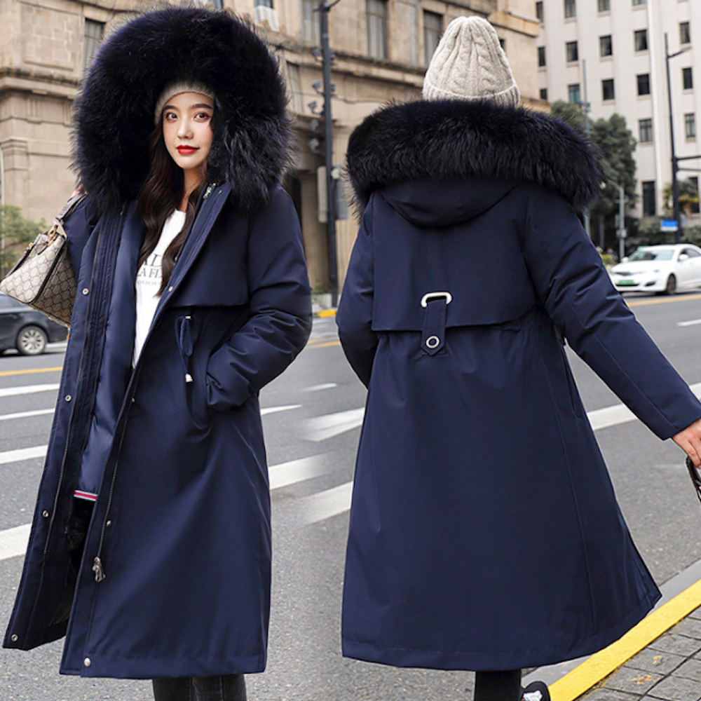 Detachable Faux Fur Lined Women's Long Coat with Hood