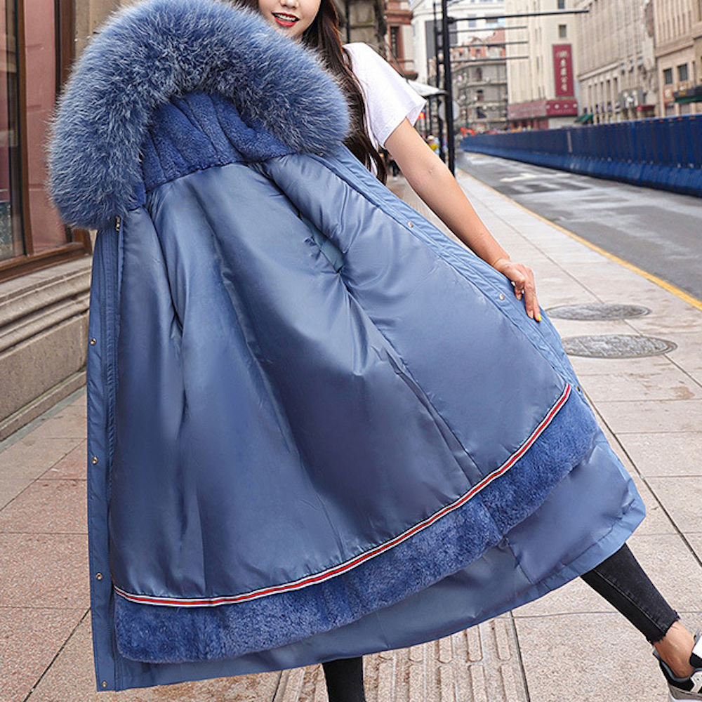 Detachable Faux Fur Lined Women's Long Coat with Hood