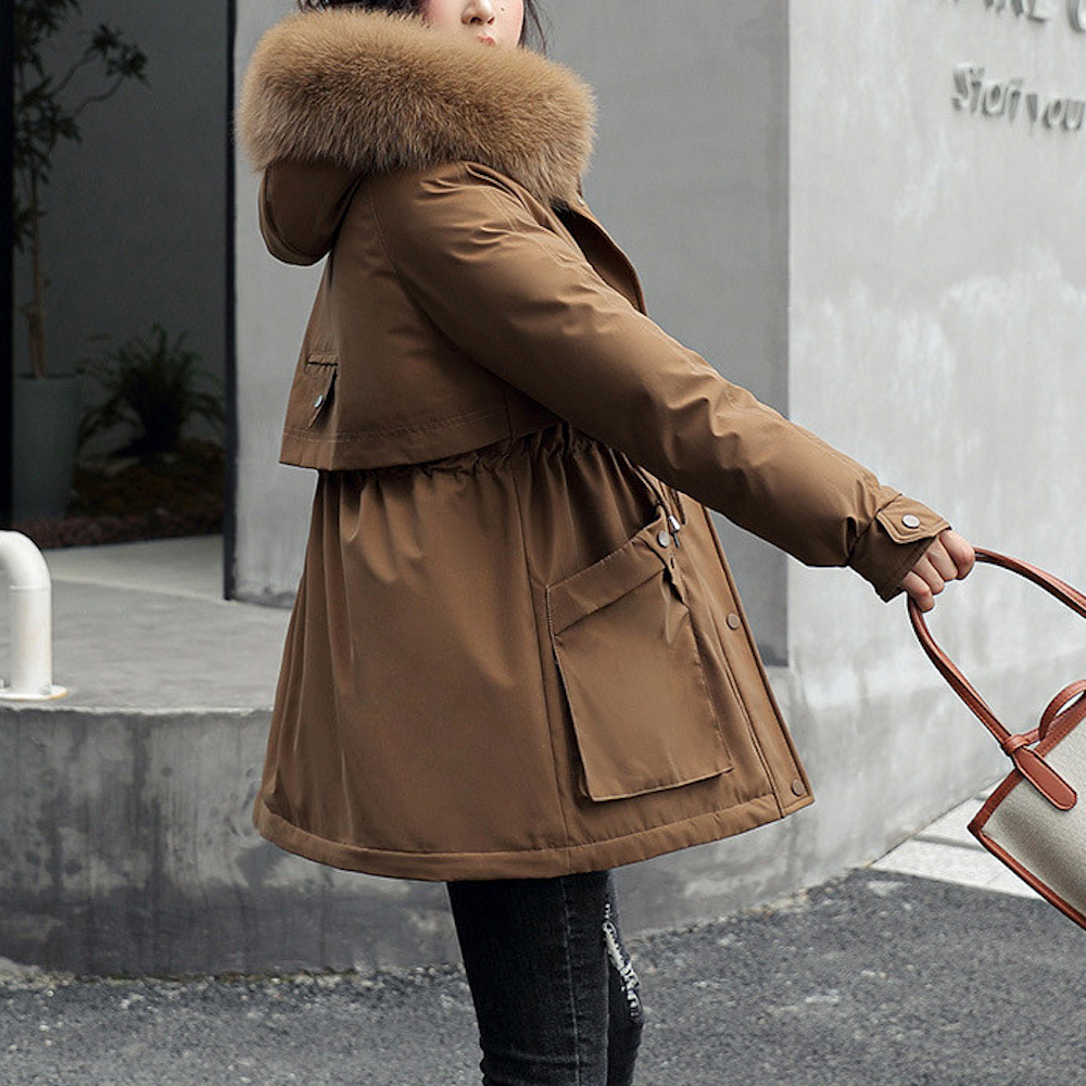 Faux Fur Hooded Women's Jacket with Adjustable Waist Tie