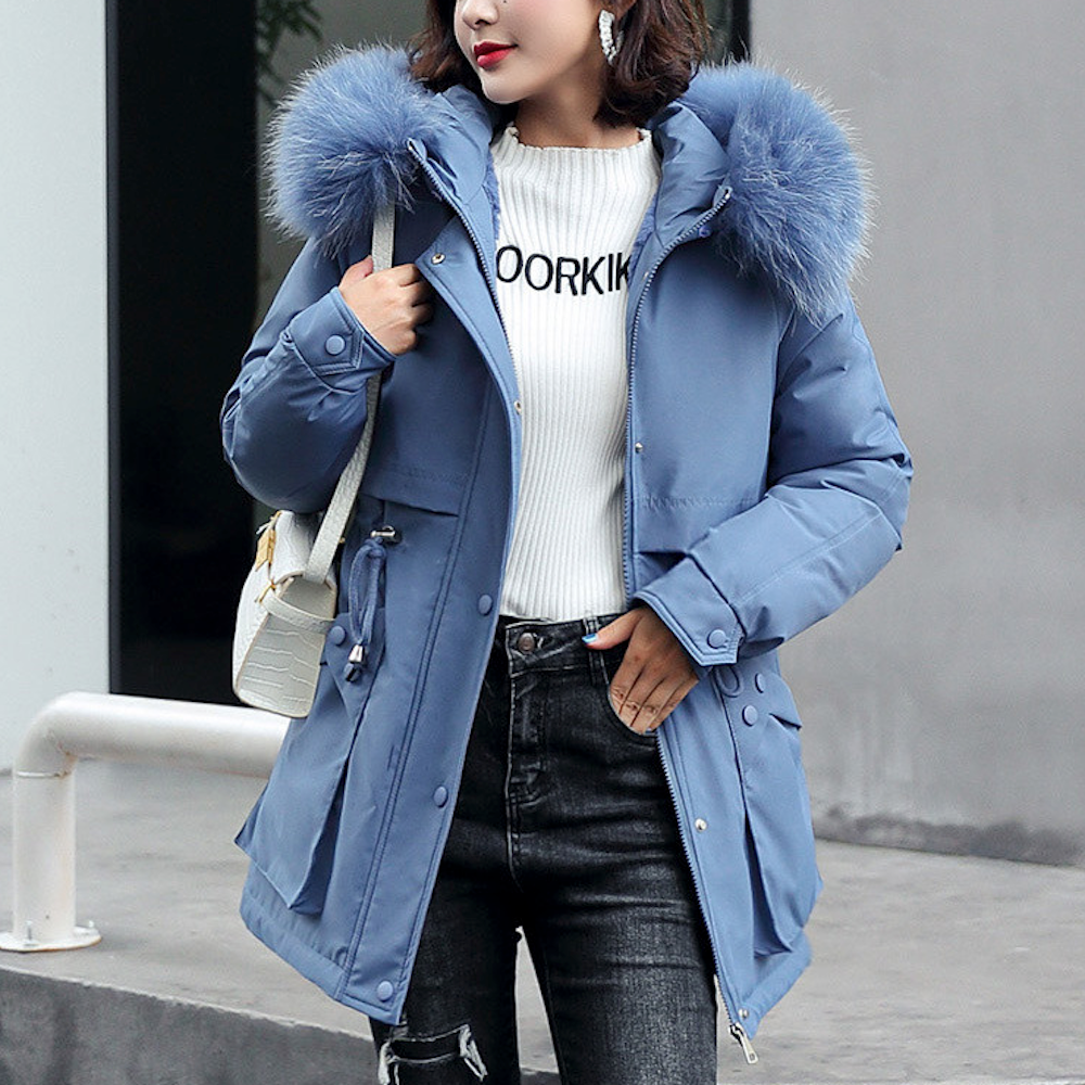 Faux Fur Hooded Women's Jacket with Adjustable Waist Tie