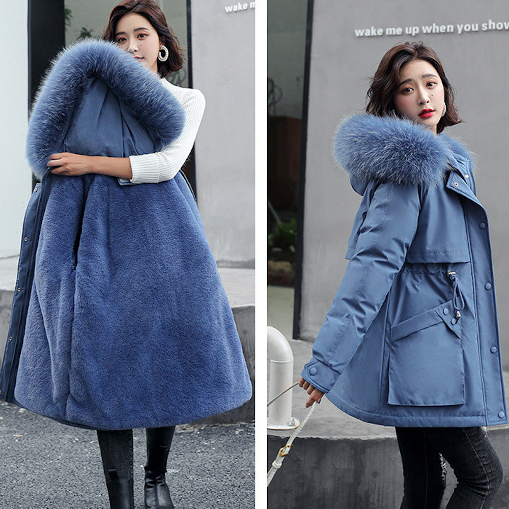 Faux Fur Hooded Women's Jacket with Adjustable Waist Tie