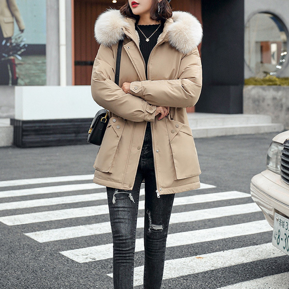 Faux Fur Hooded Women's Jacket with Adjustable Waist Tie