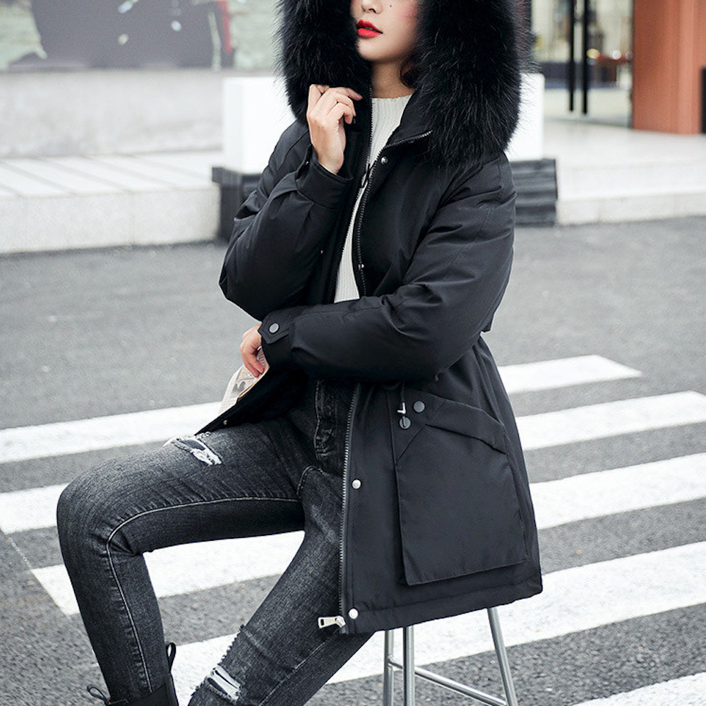 Faux Fur Hooded Women's Jacket with Adjustable Waist Tie