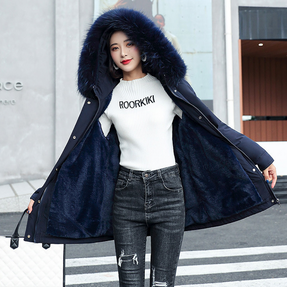 Faux Fur Hooded Women's Jacket with Adjustable Waist Tie