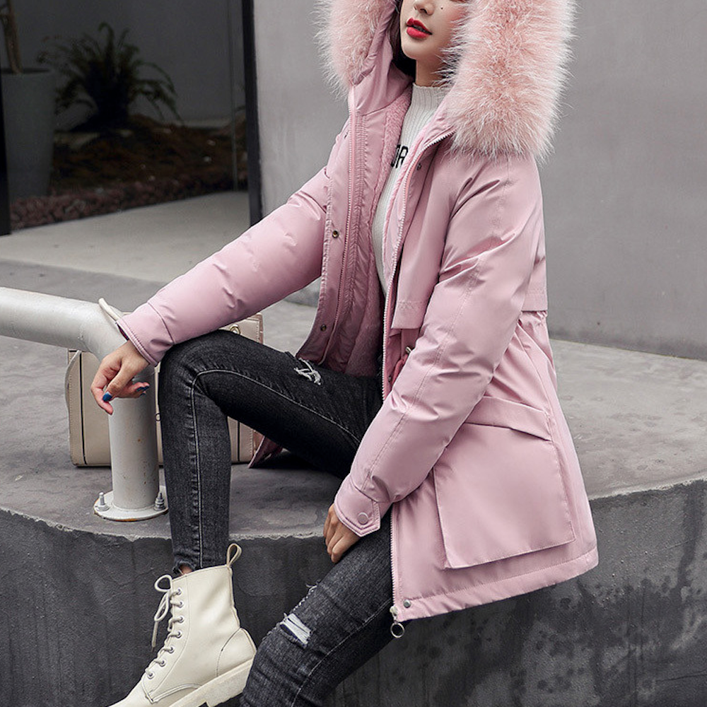 Faux Fur Hooded Women's Jacket with Adjustable Waist Tie