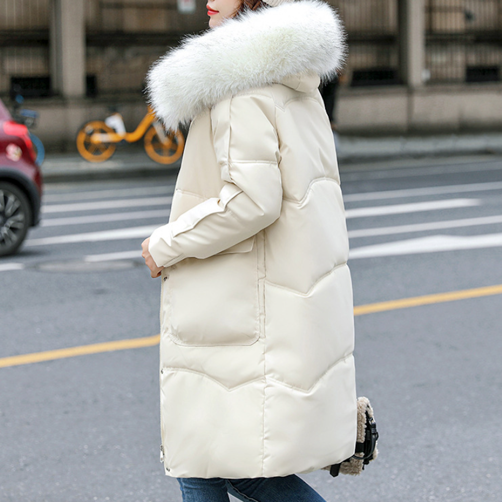 Furry Hooded Zip-Up Jacket for Women with Spacious Pockets and Mid-Length Cut