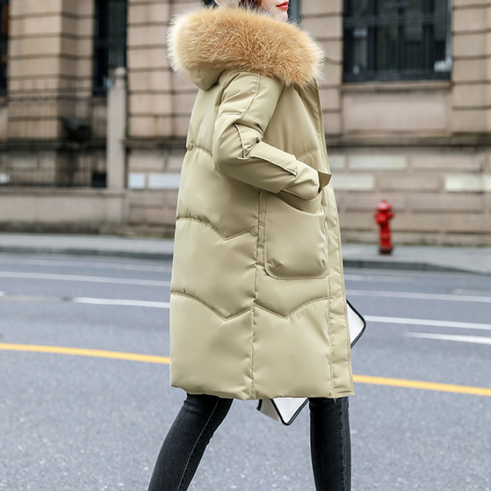 Furry Hooded Zip-Up Jacket for Women with Spacious Pockets and Mid-Length Cut