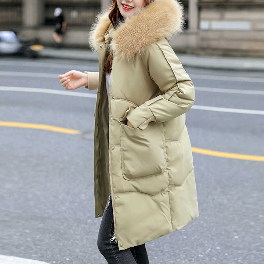 Furry Hooded Zip-Up Jacket for Women with Spacious Pockets and Mid-Length Cut