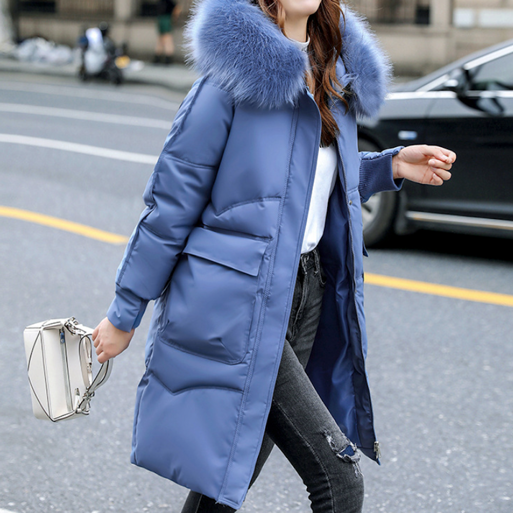 Furry Hooded Zip-Up Jacket for Women with Spacious Pockets and Mid-Length Cut
