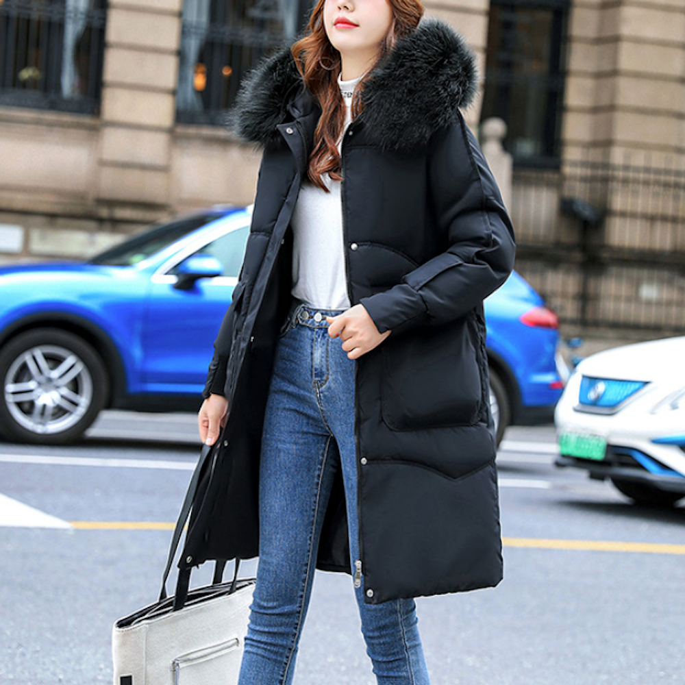 Furry Hooded Zip-Up Jacket for Women with Spacious Pockets and Mid-Length Cut