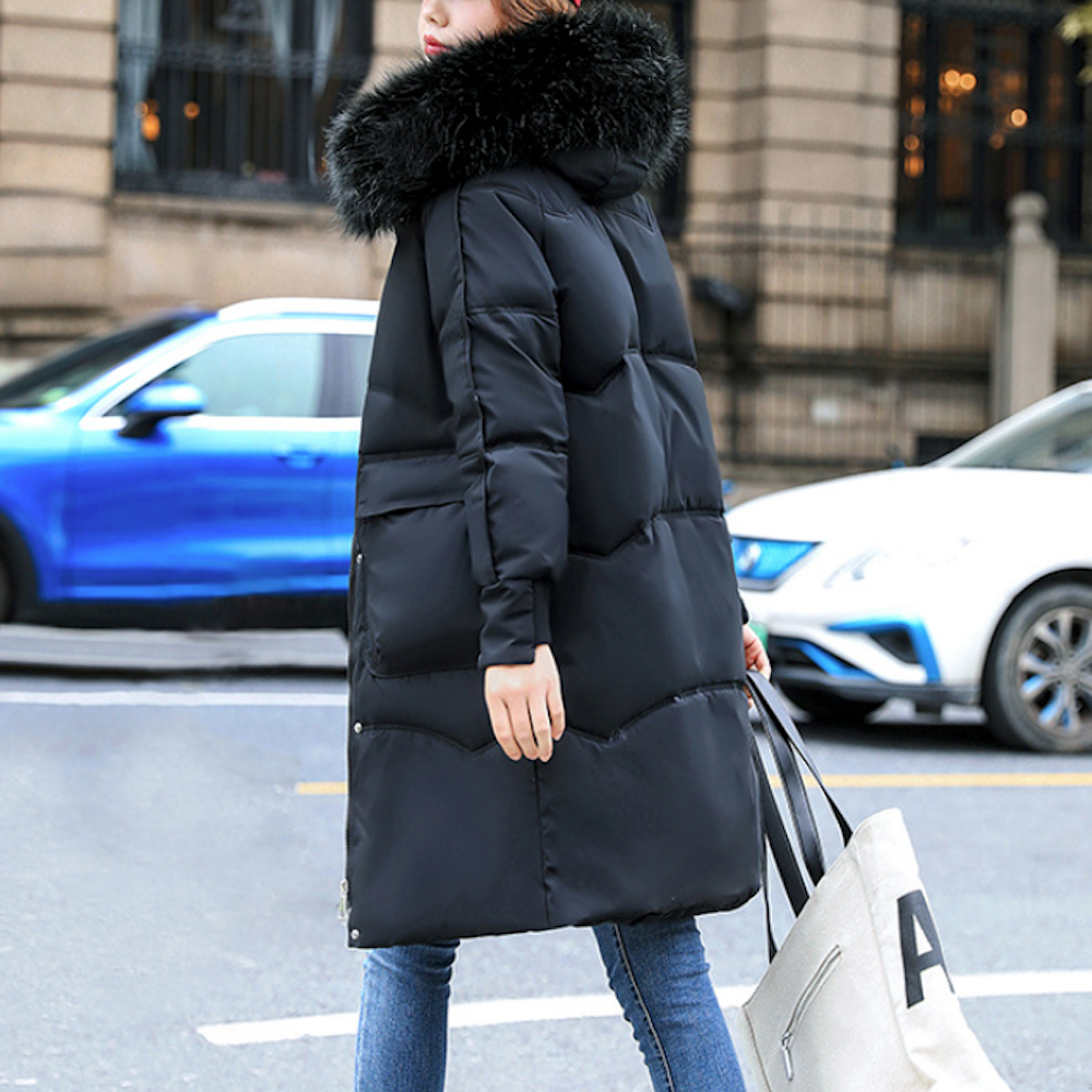 Furry Hooded Zip-Up Jacket for Women with Spacious Pockets and Mid-Length Cut