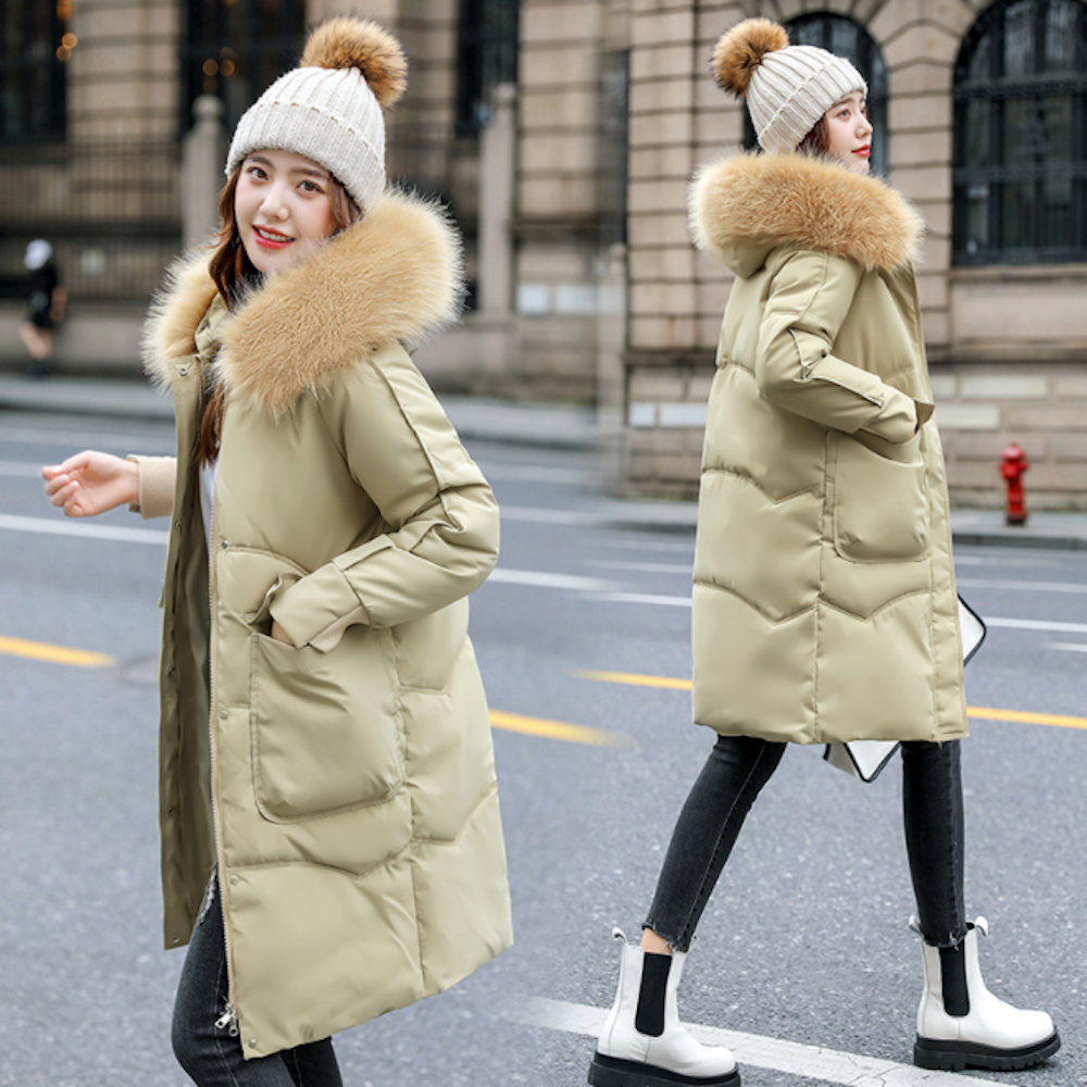 Furry Hooded Zip-Up Jacket for Women with Spacious Pockets and Mid-Length Cut