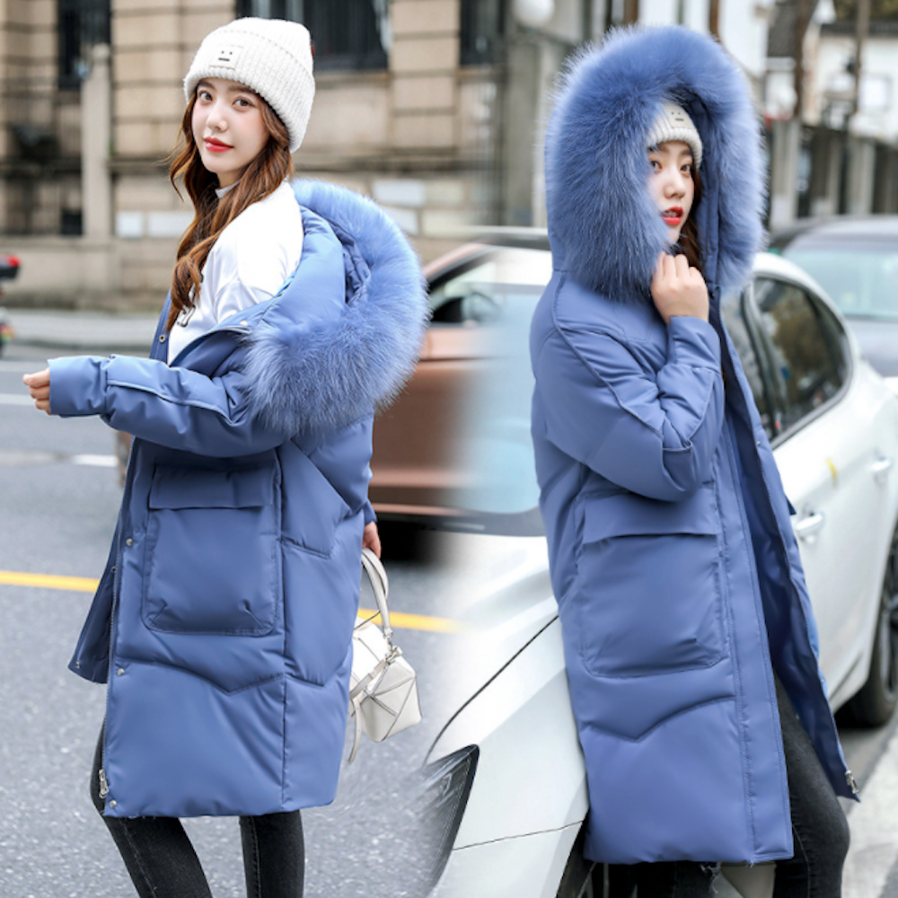Furry Hooded Zip-Up Jacket for Women with Spacious Pockets and Mid-Length Cut