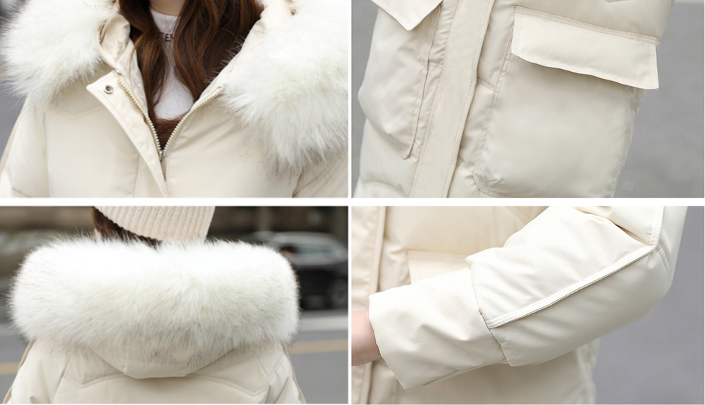 Furry Hooded Zip-Up Jacket for Women with Spacious Pockets and Mid-Length Cut