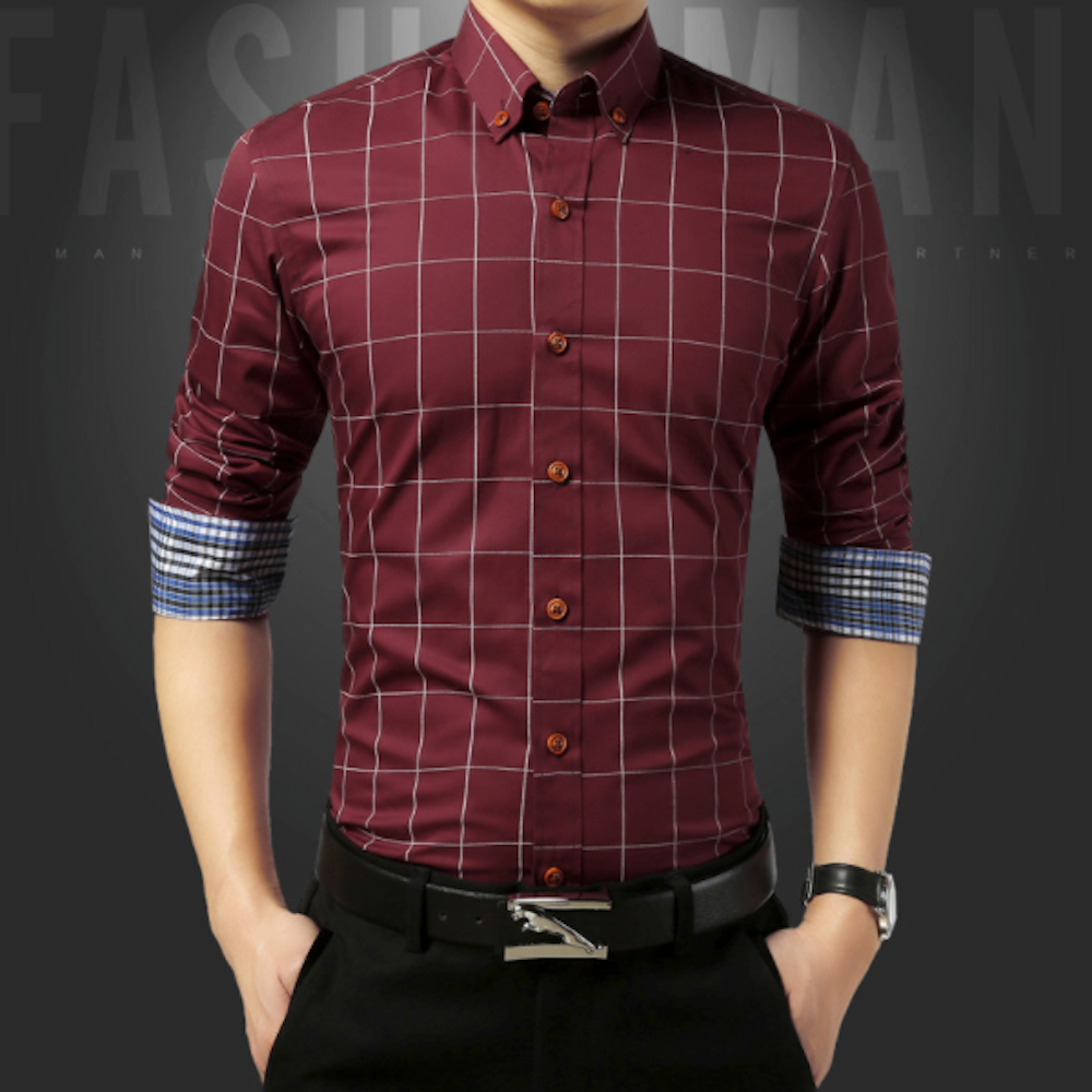 Long Sleeve Plaid Shirt for Men with Unique Inner Accents