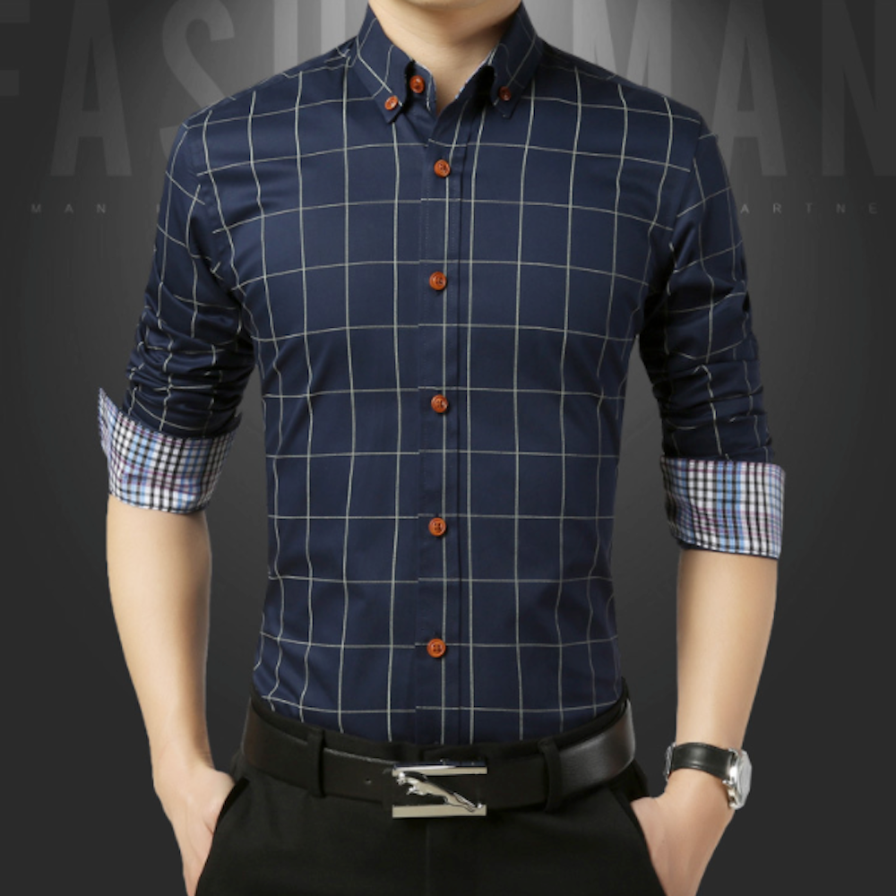 Long Sleeve Plaid Shirt for Men with Unique Inner Accents