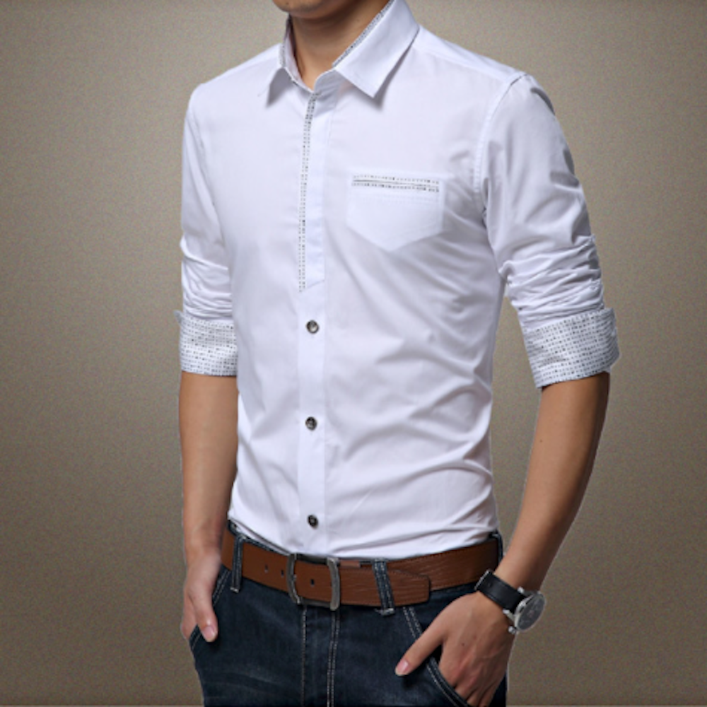 Men's Button-Up Shirt with Unique Pocket and Sleeve Accents
