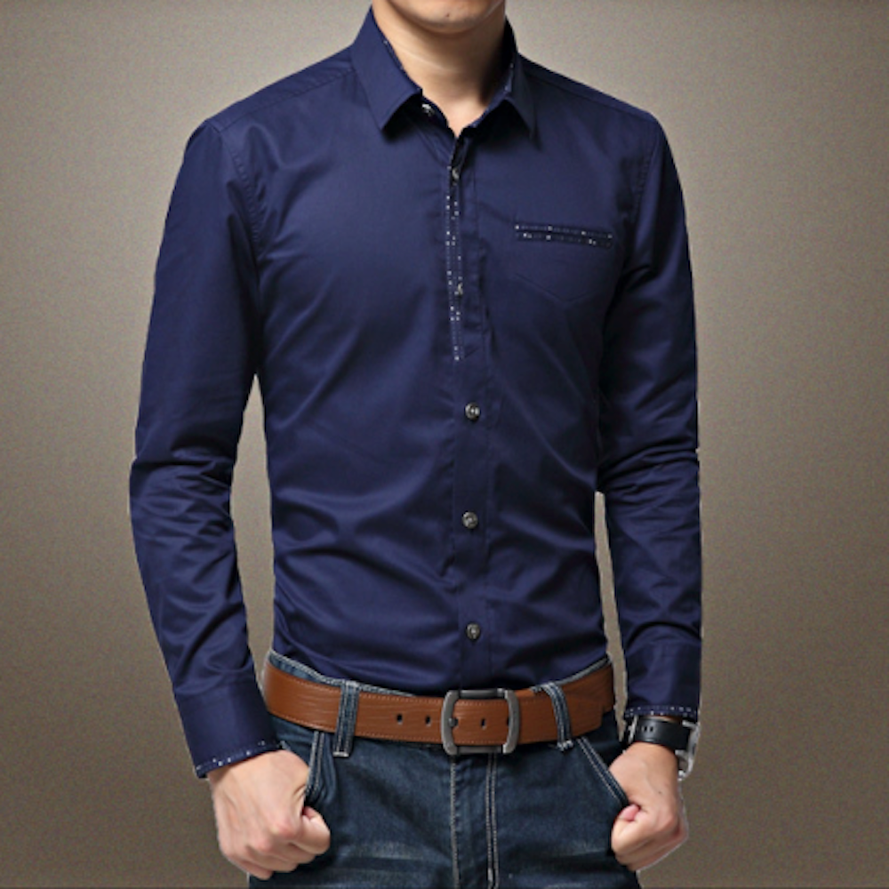 Men's Button-Up Shirt with Unique Pocket and Sleeve Accents