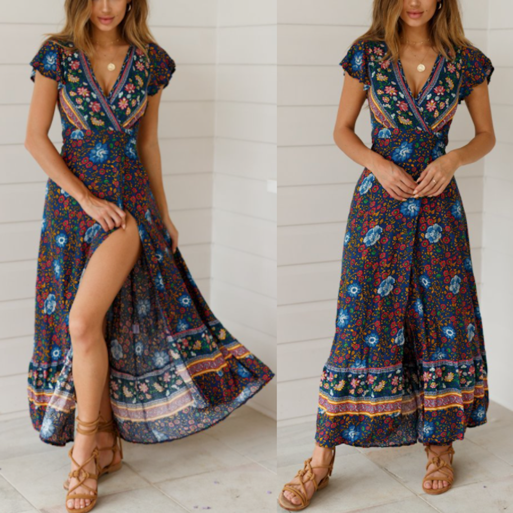 Floral Maxi Dress with V Neck and Wrap Design for Women