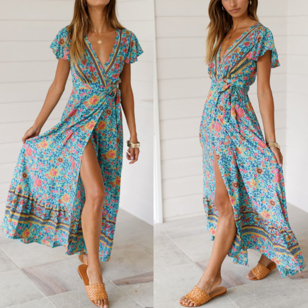 Floral Maxi Dress with V Neck and Wrap Design for Women