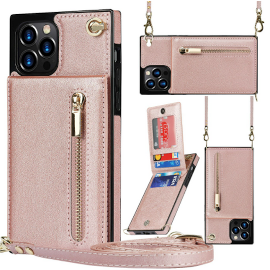 Crossbody Strap Slim Wallet Case for iPhone Series with Zipper Closure