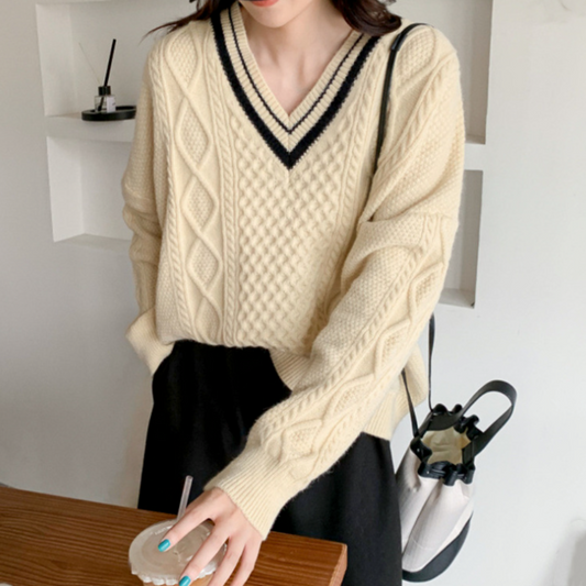 Women's Sweater with Cable-Knit Design and V-Neckline