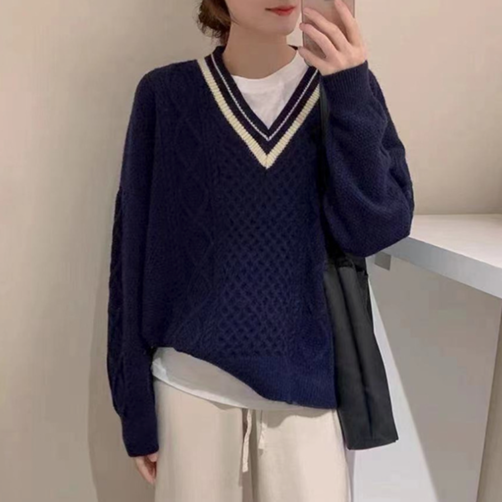 Women's Sweater with Cable-Knit Design and V-Neckline