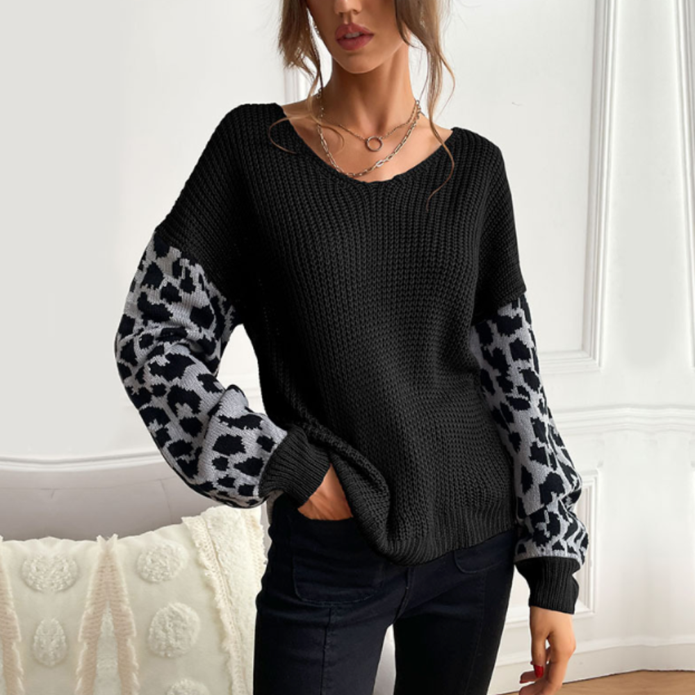 Leopard Print Sleeved Women's V Neck Sweater