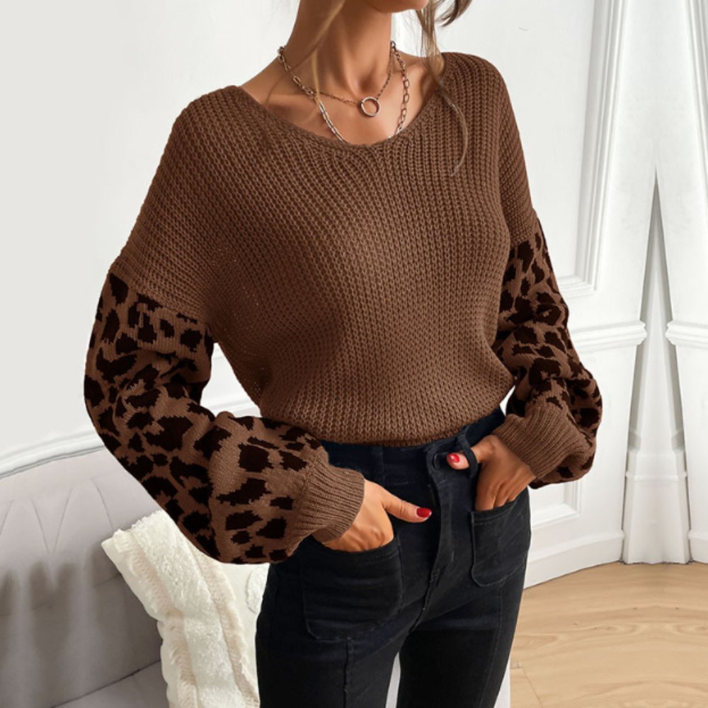 Leopard Print Sleeved Women's V Neck Sweater