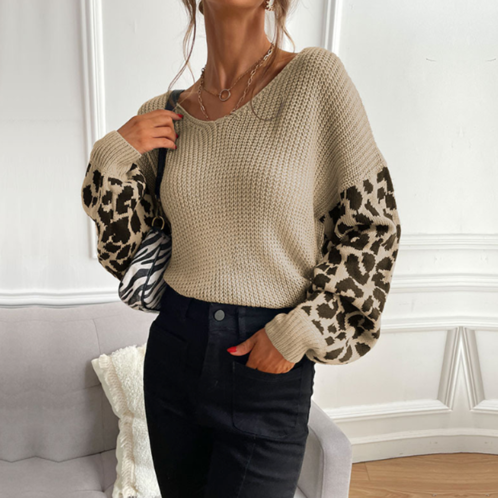 Leopard Print Sleeved Women's V Neck Sweater