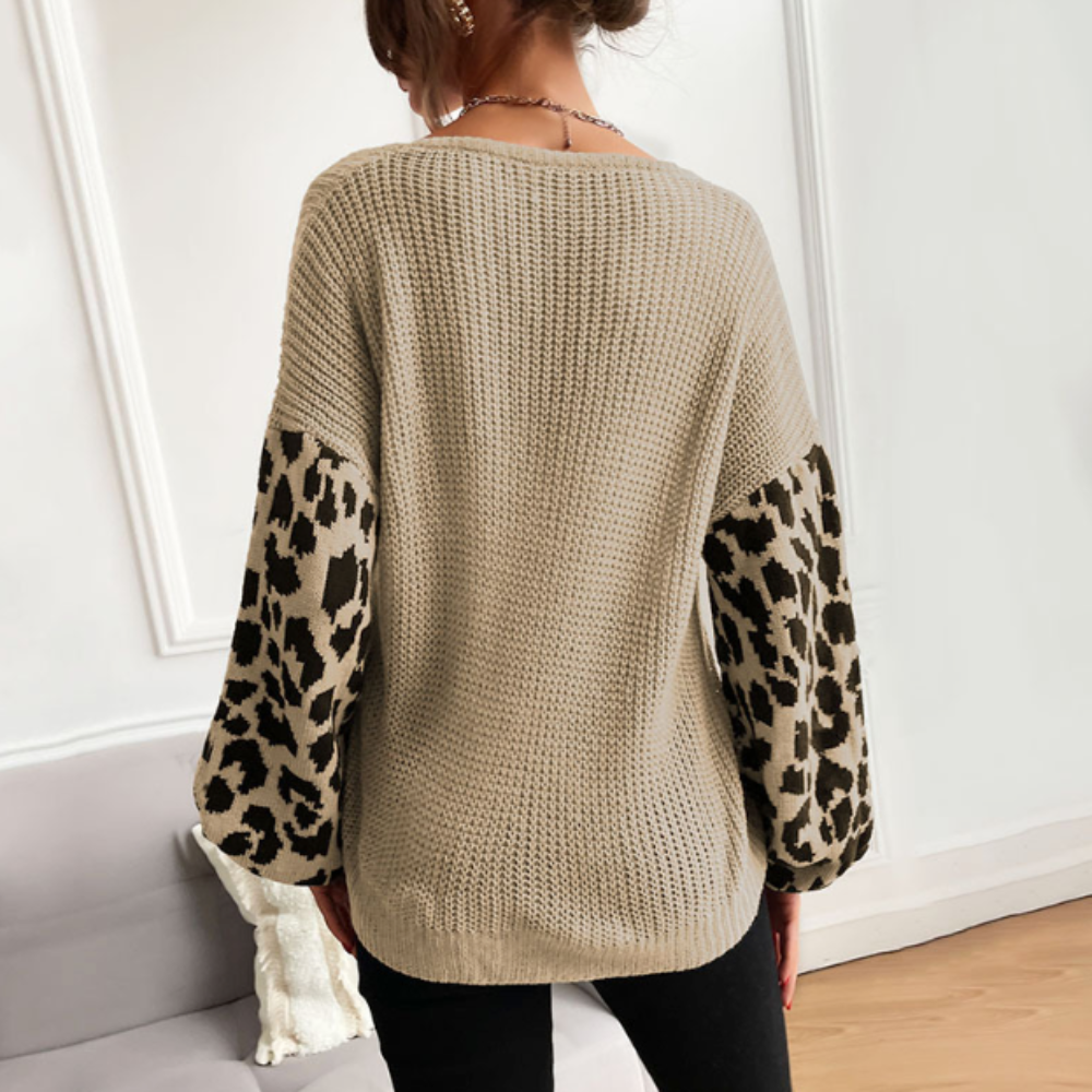Leopard Print Sleeved Women's V Neck Sweater