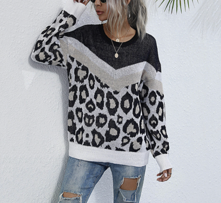 Leopard Print Sweater for Women with a Round Neck