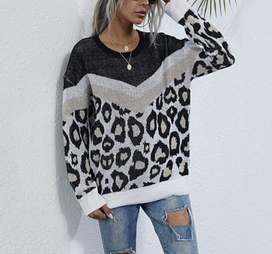 Leopard Print Sweater for Women with a Round Neck