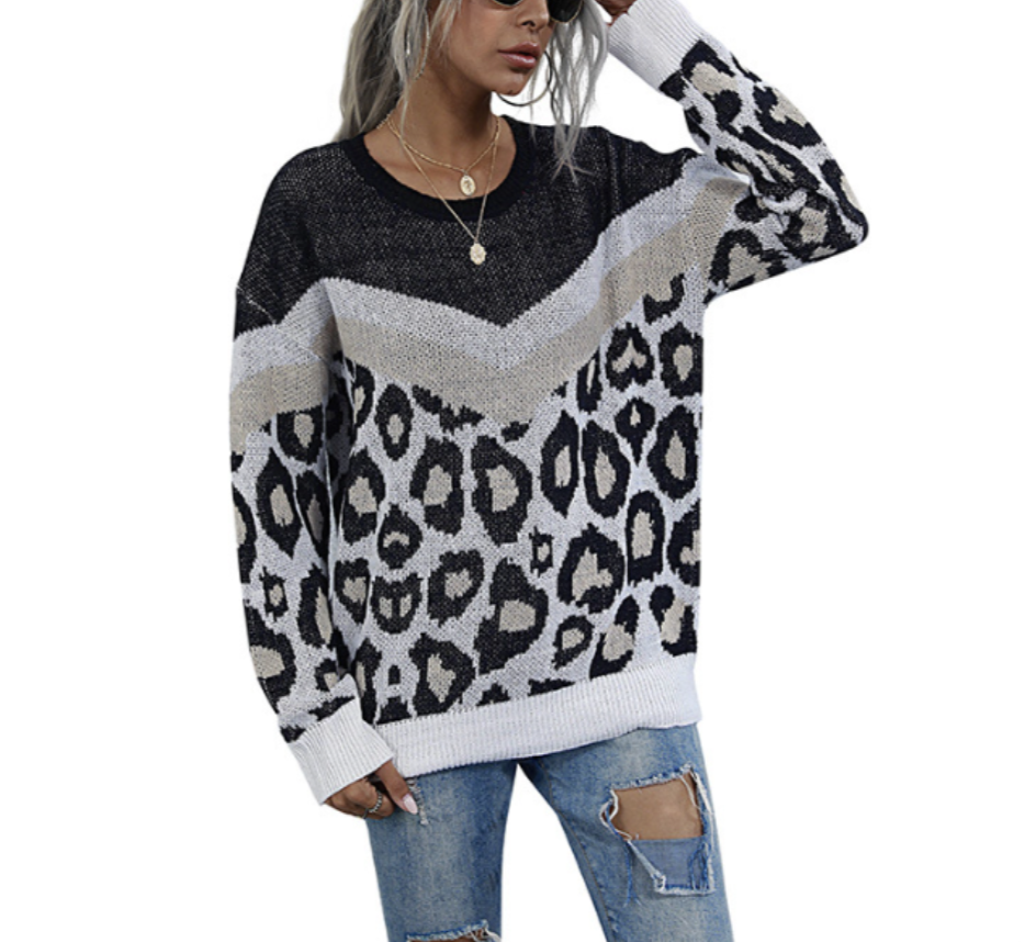 Leopard Print Sweater for Women with a Round Neck