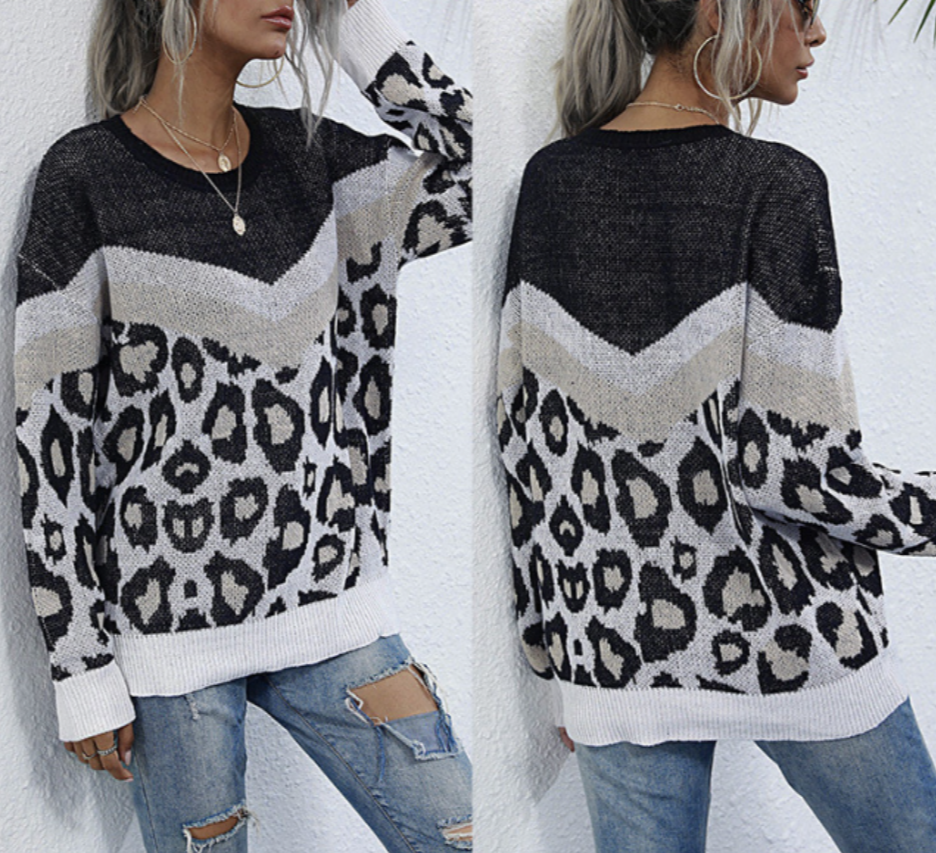 Leopard Print Sweater for Women with a Round Neck