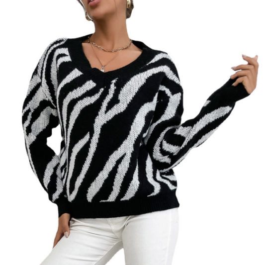 Zebra Patterned Round Neck Women's Sweater