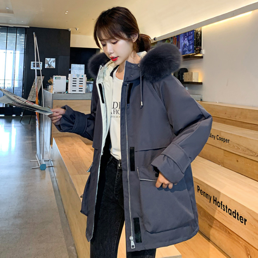 Mid-Length Women's Coat with Zipper and Faux Fur Hood