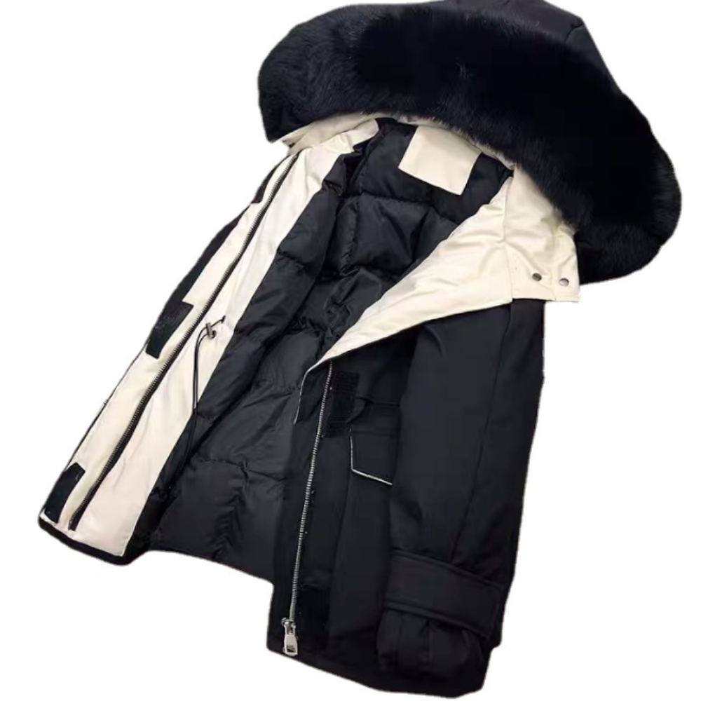 Mid-Length Women's Coat with Zipper and Faux Fur Hood