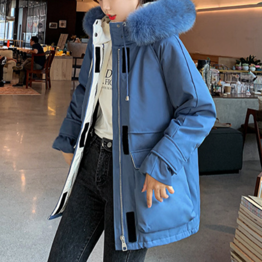 Mid-Length Women's Coat with Zipper and Faux Fur Hood